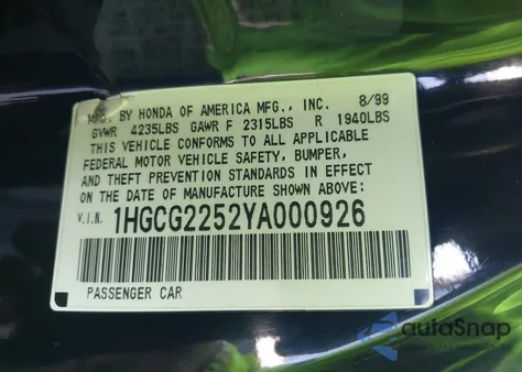 2000 Honda Accord 3.0 Ex from USA, damaged, VIN 1HGCG2252YA000926
